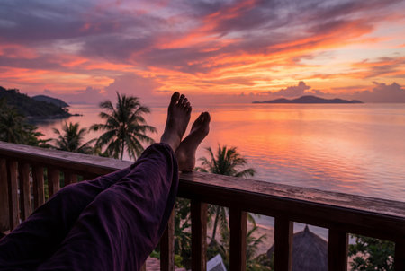 Bare feet propped up on a wooden railing overlook a tranquil ocean bay with silhouetted palm trees and islands during a dramatic orange and violet sunset evening.の素材