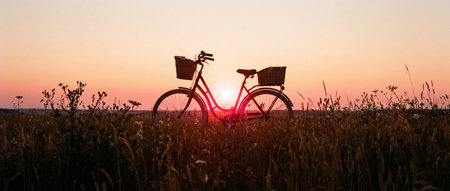 Silhouette of a classic retro bicycle with baskets standing in tall wild wheat at sunset, capturing a nostalgic and serene rural landscape with warm golden lightの素材