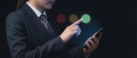 A professional woman in a suit holds a smartphone and selects a glowing green happy face icon from a holographic rating menu to indicate positive customer feedback and satisfaction.の素材