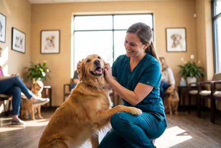 A smiling female veterinarian in blue scrubs kneels on the floor to pet a happy golden retriever dog while other patients wait in the sunny background of a modern veterinary clinic waiting room.の素材