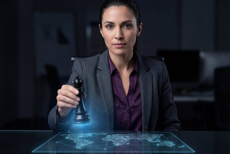 A serious female executive in a suit holds a black queen chess piece while looking directly at the camera above a glowing holographic world map representing global business strategy and leadership.の素材