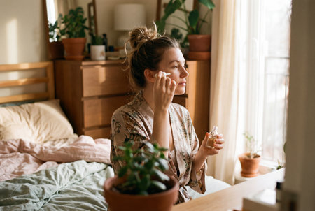 Relaxed young woman with messy bun applies natural skincare oil to her face with a dropper during her morning routine in a sunny bedroom decorated with potted house plants.の素材