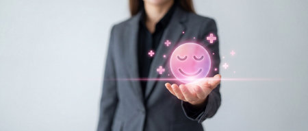 A woman in a business suit holds a glowing pink smiley face icon in her open palm against a neutral background symbolizing positive customer experience and emotional connectionの素材
