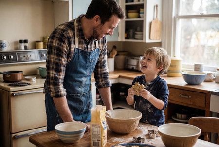 A happy father in a denim apron laughs with his messy little son who holds cookie dough while they bake homemade treats together at a table in a kitchen.の素材