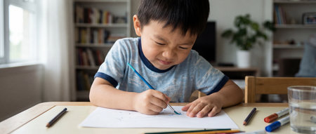 Cute young Asian boy deeply focused on drawing activity at smooth pale wooden table, surrounded by pencils and paper in a bright, calm home environmentの素材