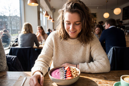 Happy young woman in a cozy knit sweater sits at a wooden table in a sunlit cafe and smiles down at a fresh acai bowl topped with strawberries and granola for a healthy breakfast.の素材