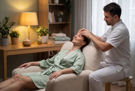 A professional male therapist massages the forehead of a relaxed young woman wearing a silk robe while she sits comfortably in a fluffy armchair at a cozy wellness center.の素材