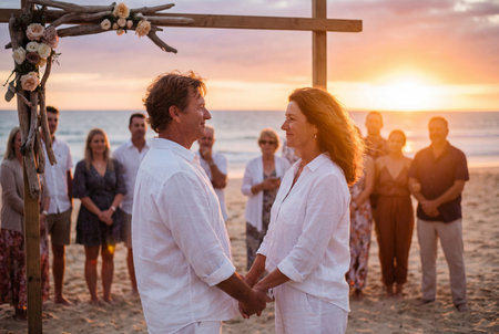 A happy middle aged man and woman in white clothes hold hands and look into each other eyes during a romantic wedding ceremony on a sandy beach at sunset while guests watch in the background.の素材