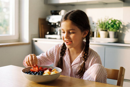 A happy young girl with braided hair sits at a wooden table in a sunny kitchen and eats a fresh bowl of strawberries and berries while wearing pink striped pajamas for a healthy morning breakfast.の素材