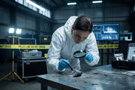 Focused female forensic expert wearing a white protective suit and blue gloves uses a brush and magnifying glass to dust for fingerprints on a metal surface inside a secured industrial warehouse.の素材