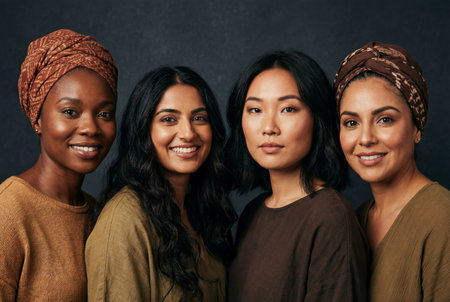 Four beautiful women of african asian indian and hispanic descent stand shoulder to shoulder with natural makeup and earth tone clothing on a dark textured background.の素材