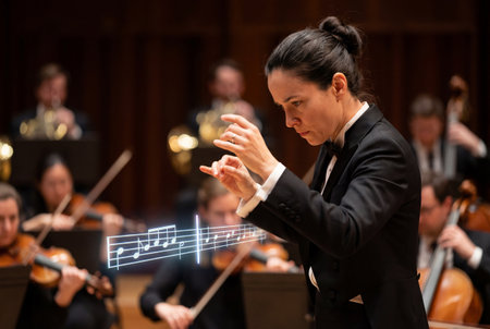 Focused female conductor in formal wear directs a symphony orchestra while glowing digital music notes float in the foreground during a classical performance.の素材