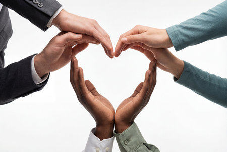 Diverse hands of different skin tones come together to form a heart shape against a clean white background, symbolizing unity, love, support, and community among various people.の素材