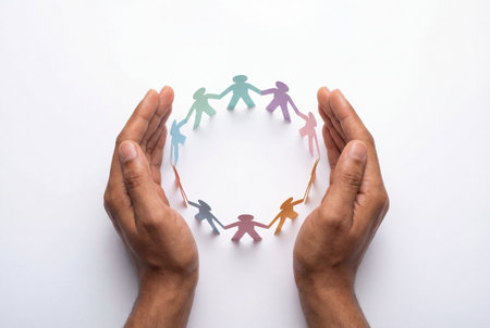 Two human hands carefully protect a circular chain of diverse colorful paper cut out figures, symbolizing global community, unity, and social protection.の素材