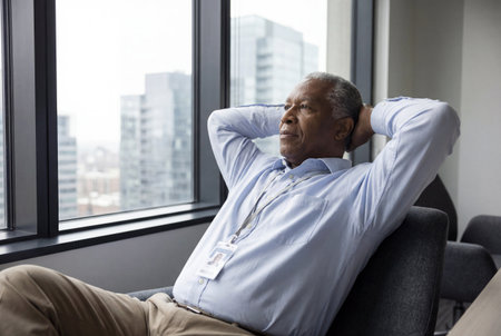 Successful senior black businessman relaxes comfortably in a modern office chair, hands behind head, looking thoughtfully out a large window at the city skyline.の素材