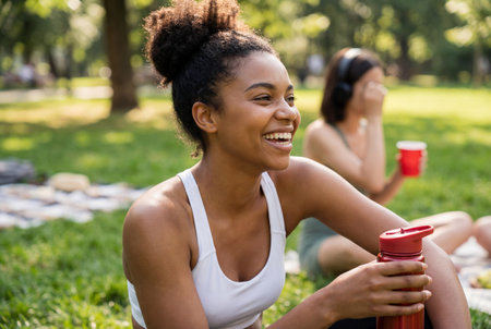 A happy young black woman with curly hair smiles brightly while holding a red water bottle outdoors in a sunny park, enjoying a moment of relaxation.の素材