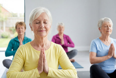 A group of senior women with closed eyes meditate peacefully in a bright yoga studio, sitting in lotus position with hands pressed together in namaste gesture.の素材