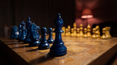 A close up view of a blue bishop chess piece dominating the foreground on a wooden board while yellow opponent pieces stand blurred in the warm background light.の素材