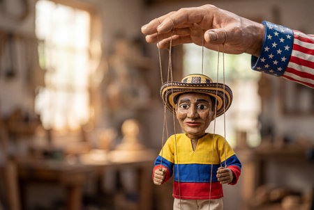 A wooden marionette wearing a sombrero and colombian flag colors is manipulated by strings attached to a large hand with an american flag sleeve inside a blurred carpentry workshop.の素材