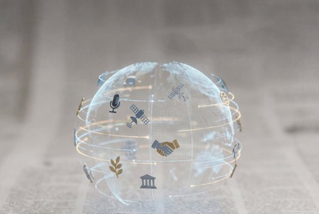 A digital globe features icons of microphones satellites handshakes and government buildings representing international news and insights over a blurred page.の素材