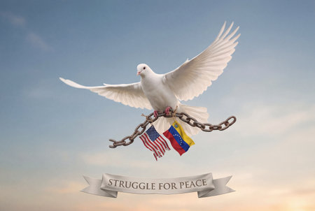 A white bird flies against a blue sky carrying a heavy rusted metal chain attached to small flags of the united states and venezuela above a banner reading struggle for peace.の素材