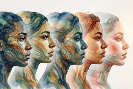 Abstract watercolor painting showcasing multiple diverse women faces in profile, layered and blended to symbolize unity, inclusion, and the beauty of human connection.の素材