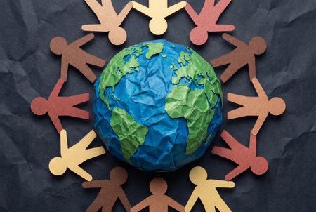 Crumpled paper globe surrounded by diverse paper cutout figures holding hands, representing global unity, community, and environmental protection.の素材