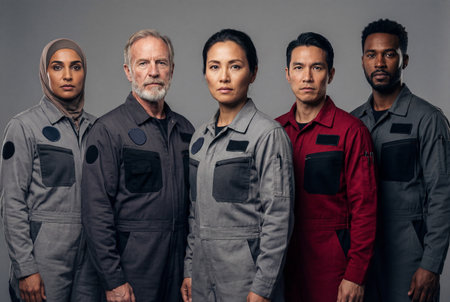Five confident multiethnic professionals wearing matching work jumpsuits stand together with serious expressions, symbolizing teamwork and a unified purpose.の素材