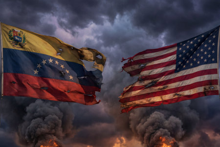 Two heavily damaged flags representing venezuela and the united states wave against a dramatic background filled with dark ominous clouds, thick black smoke and raging fire from a ground conflict.の素材