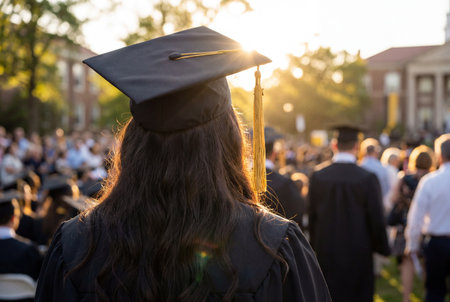 A female student with long hair stands in a black graduation gown and mortarboard cap with gold tassel facing a sunset light during an outdoor university commencement ceremony.の素材