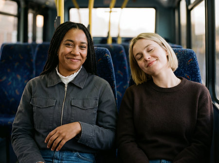 A cheerful black woman and a relaxed blonde woman sit together on bus seats enjoying a peaceful commute on public transportation with yellow handrails visible.の素材