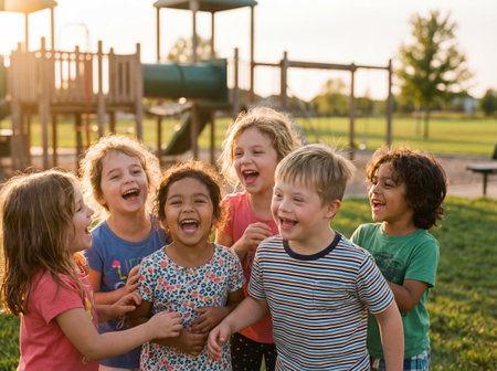 Diverse happy children laugh together on a grassy playground at sunset including a boy with down syndrome enjoying outdoor playtime with his multiethnic friends.の素材
