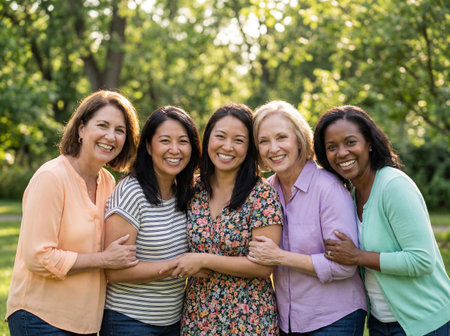 Five happy mature women of different ethnicities stand closely together in a lush green park, smiling confidently at the camera while linking arms to show friendship and strong community support.の素材