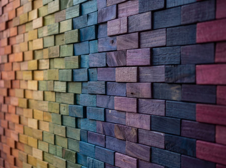 Side view of a textured wall featuring small rectangular wooden blocks painted in a gradient of orange yellow green blue and purple colors with shallow focus.の素材