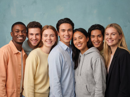 A diverse group of seven happy young men and women stands shoulder to shoulder smiling confidently at the camera against a textured blue wall background representing unity and friendship.の素材