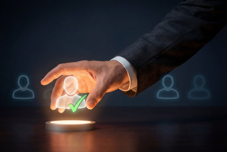 A businessman hand reaches out to select a glowing human figure icon with a green checkmark, symbolizing the successful recruitment of a perfect candidate from a pool of applicants.の素材