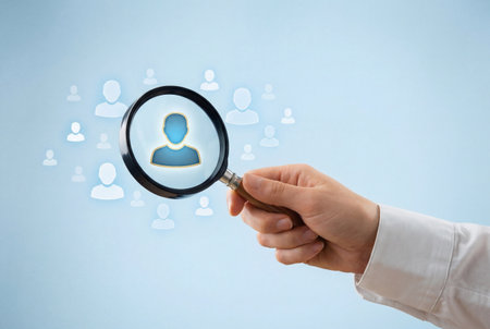 A business hand holds a magnifying glass over a group of people icons to select the perfect candidate for a job vacancy during a corporate talent acquisition process.の素材