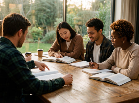 A group of four multiethnic university students sits around a wooden table near a bright window to study, read textbooks and discuss their academic projects while drinking coffee.の素材