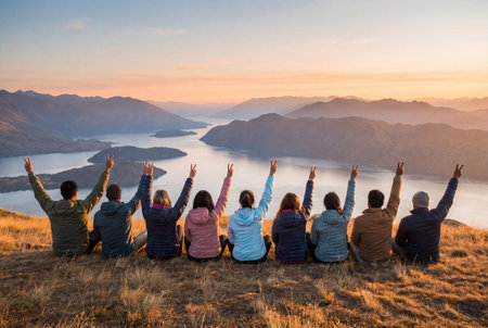 Rear view of a large group of nine friends sitting on a grassy mountain ridge at sunset, raising their hands in peace signs while looking out over a scenic lake and distant peaks.の素材