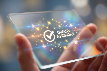 A human hand holds a futuristic transparent device that displays a glowing white quality assurance checkmark surrounded by sparkling golden stars and rainbow lens flares.の素材