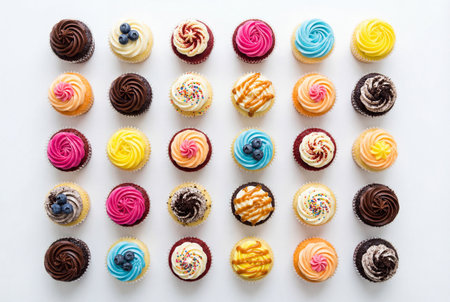 A vibrant top down display of twenty four delicious gourmet cupcakes featuring colorful frosting and diverse toppings arranged neatly on a clean white background.の素材