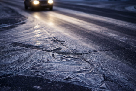 Geometric frost textures cover the dark asphalt of a frozen street while blurred vehicle headlights illuminate the slippery surface during a cold winter evening drive.の素材