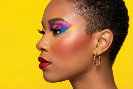 A close up profile portrait of an african american woman showcasing vibrant colorful eye makeup in blue pink and yellow with bold red lipstick and a gold hoop earring against a bright yellow background.の素材