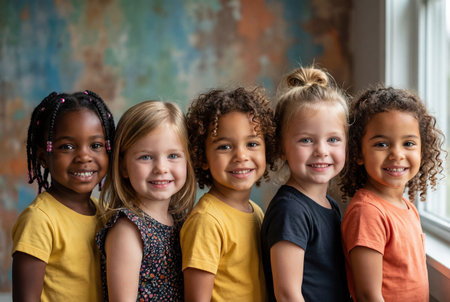 Five happy multiracial young children with diverse backgrounds stand together indoors, smiling brightly at the camera in a heartwarming portrait.の素材