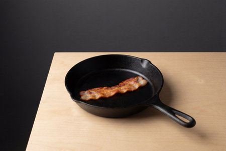 A single strip of perfectly cooked crispy bacon rests inside a black cast iron frying pan sitting on a smooth wooden surface with a solid dark grey background.の素材