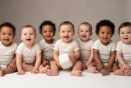 Seven happy multiethnic babies sit in a row smiling at the camera in a bright studio setting, showcasing diversity and childhood joy.の素材