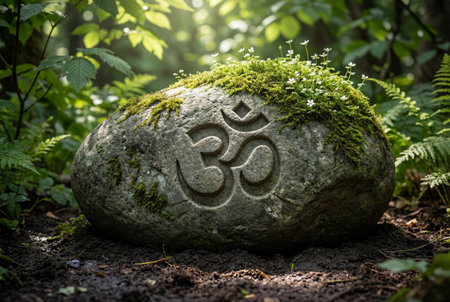 A peaceful grey stone featuring a deep carving of the spiritual om symbol rests on the earth covered in fresh green moss and delicate white flowers amidst a sunlit forest.の素材