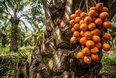 A cluster of bright orange palm fruits hangs from the rough bark of a tree trunk in a lush tropical garden environment with blurred green palm leaves in the background.の素材