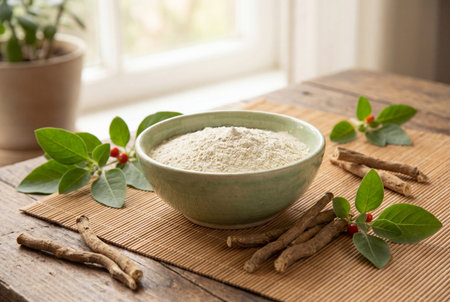 A ceramic bowl filled with fine ashwagandha powder sits on a bamboo mat surrounded by dried roots and fresh green leaves with red berries on a wooden table near a bright window.の素材