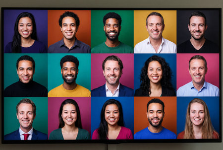 A vibrant grid of fifteen diverse smiling men and women in individual headshot portraits, each set against a brightly colored background, showcasing happy expressions.の素材